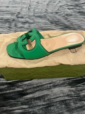 Gucci Interlocking G Cut-Out Slide Sandals Green |40.5EU (10.5W) |Full Inclusion